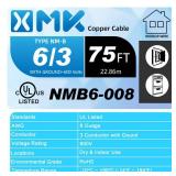 NM-B 6/3 Wire with Ground,75ft 6/3 6 Gauge NM-B Wire Copper 6 AWG 3 Conductor with Ground,Nonmetallic Sheathed NMB Cable,6-3 Residential Indoor Wiring for Branch Circuit Switches,Outlets,Other Loads -