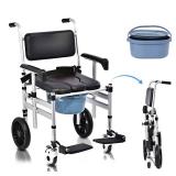Shower Chair with Wheels 4 in 1 Folding Padded Bedside Commode Wheelchair Height Adjustable Detachable Bucket with Wheels Lifting Armrests Flip-up Footrest for Elderly Disabled (Black), Retail $140