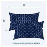 Set of 2 Patio Lumbar Pillows, 12x20 Fade Resistant Outdoor Lumbar Pillow with Inners, Fluffy Decorative Garden Lumbar Cushions for Home Patio Coach Sofa Use, Herringbone Navy