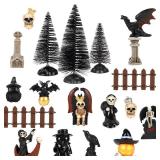 Halloween Miniatures Figurines, Mini Resin Skeleton Pumpkin Ghost Crow Bat Dragon Tombstones Tree Decorations for Halloween Village Garden Crafts Home Decor Accessories - Retail: $10