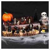 Halloween Miniatures Figurines, Mini Resin Skeleton Pumpkin Ghost Crow Bat Dragon Tombstones Tree Decorations for Halloween Village Garden Crafts Home Decor Accessories - Retail: $10