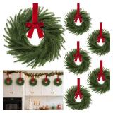 6 Pack 11 Inch Mini Christmas Wreath Small Christmas Kitchen Cabinet Wreaths with Red Velvet Bow Artificial Norfolk Pine Wreath Outdoor Christmas Wreaths for Windows Door Chairs Wall Stairs Home Decor