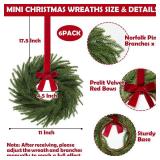 6 Pack 11 Inch Mini Christmas Wreath Small Christmas Kitchen Cabinet Wreaths with Red Velvet Bow Artificial Norfolk Pine Wreath Outdoor Christmas Wreaths for Windows Door Chairs Wall Stairs Home Decor