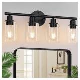 4-Light Bathroom Light Fixtures, Matte Black Modern Vanity Lights Over Mirror with Clear Glass Shade, Bathroom Wall Lamp for Mirror Kitchen Living Room Hallway Cabinet Porch Bedroom Reading. - Retail:
