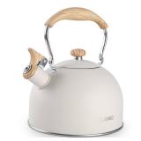 Tea Kettle, BELANKO 85 OZ / 2.5 Liter Whistling Tea Kettle Pots for Stove Top Food Grade Stainless Steel with Wood Pattern Folding Handle, Loud Whistle for Tea, Coffee, Milk - Milk White