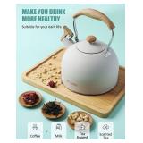 Tea Kettle, BELANKO 85 OZ / 2.5 Liter Whistling Tea Kettle Pots for Stove Top Food Grade Stainless Steel with Wood Pattern Folding Handle, Loud Whistle for Tea, Coffee, Milk - Milk White