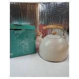 Tea Kettle, BELANKO 85 OZ / 2.5 Liter Whistling Tea Kettle Pots for Stove Top Food Grade Stainless Steel with Wood Pattern Folding Handle, Loud Whistle for Tea, Coffee, Milk - Milk White