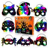 32Pcs Halloween Crafts for Kids Rainbow Scratch Mask, Halloween Games Scratch Art and Craft Kit Classroom Activities Favors Party Supplies