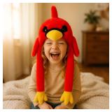 Bubblepompom Cardinal Hat with Ears Moving Jumping Pop Up Beating Hat Plush Farm Animal Holiday Cosplay Dress Up Funny Party Gift for Kids Boys Girls, Red, 22