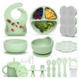 16 Pack Silicone Baby Feeding Set, BPA-Free Baby LED Weaning Supplies, Include Suction Plates, Baby Bowls, Silicone Fork & Spoon, and More, First Stage Baby Food Eating Utensils - 6+ Months(Green, 16)