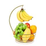 Livabber Countertop Fruit Basket Bowl with Banana Hanger, Modern Standing Fruit Vegetable Bowl Storage, with Banana Tree Holder for Kitchen Dinning Table (Round Marble, Gold)