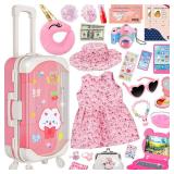 Doll Suitcase Travel Sets, 18 inch Doll Clothes and Accessories - 28 Pcs Travel Pillow, Unicorn Bag, Sunglasses, Camera, Computer, Phone, Passport, Birthday Gifts for Age 3 4 5 6 7 Year Old Girls