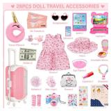 Doll Suitcase Travel Sets, 18 inch Doll Clothes and Accessories - 28 Pcs Travel Pillow, Unicorn Bag, Sunglasses, Camera, Computer, Phone, Passport, Birthday Gifts for Age 3 4 5 6 7 Year Old Girls