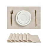 Leetaltree Beige White Placemats Set of 6 - Heat Resistant Non-Slip Place mats for Dining Table, Washable Durable PVC Vinyl Woven Table Mats(Beige White, 6)