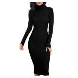 V28 Women Turtleneck Knit Stretchable Elasticity Long Sleeve Slim Fit Long Sweater Dress(Medium Black)