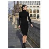 V28 Women Turtleneck Knit Stretchable Elasticity Long Sleeve Slim Fit Long Sweater Dress(Medium Black)