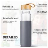 Yomious 25 Oz Borosilicate Glass Water Bottles with Silicone Sleeve BPA Free, Dishwasher Safe - Reusable Clear Glass Drinking with Leak Proof Bamboo Lid | Perfect Gym Water Bottles for Men & Women (Ba