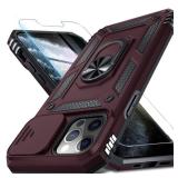 Janmitta Case for iPhone 12 & 12 Pro Phone Cover Built in Slide Camera Lens Cover+Screen Protector,Heavy Duty Shockproof Full Body PhoneCase with Finger Ring Holder Kickstand,Wine Red