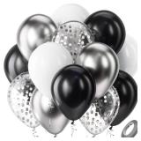 Bezente Black Silver Confetti Latex Balloons,60pcs 12 inch Black White Silver Metallic Chrome and Confetti Balloons for New Year Birthday Baby Shower Wedding Theme Party Decoration