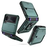 Janmitta for Samsung Galaxy Z Flip 4 Case Built in Slide Camera Lens Cover+Hinge Protection+Finger Ring Kickstand,Heavy Duty Shockproof Full Body Protective Phone Cover,2022 Dark Green