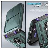 Janmitta for Samsung Galaxy Z Flip 4 Case Built in Slide Camera Lens Cover+Hinge Protection+Finger Ring Kickstand,Heavy Duty Shockproof Full Body Protective Phone Cover,2022 Dark Green