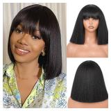 Marshey Bob Wig with Bangs as Human Hair, 12 Inch Light Yaki Straight Bob Wigs Glueless Synthetic Short Wigs for Black Women Shoulder Length Ready to Go Pre Cut