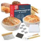 Bread Proofing Basket Set of 2 - Round 9" Sourdough Bread Baking Supplies w/Linen Liner, Scrapers, Scoring Lame, Whisk, Blades Banneton Proofing Baskets - Sourdough Starter Kit for Beginners