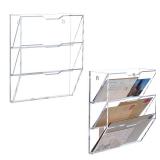 MyGift Wall Mounted 3 Tier Clear Premium Acrylic Letter Rack Mail Organizer, Office and Entryway Bills Postcards Brochure Holder Vertical Storage Rack, Set of 2