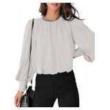 Dokotoo Womens Juniors Spring Fall Tops and Blouses for Women 2026 Summer Trendy T-Shirts Padded Shoulder Long Sleeve Tunic Tops Loose Work Business Dressy Tee Shirts White Medium