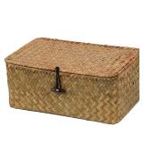 Wicker Basket with Lid, Natural Seagrass Storage Baskets for Organizing, Woven Basket for Storage, Decorative Boxes Bins with Lids Home Organizer Decor (Natural, Small)