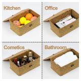 Wicker Basket with Lid, Natural Seagrass Storage Baskets for Organizing, Woven Basket for Storage, Decorative Boxes Bins with Lids Home Organizer Decor (Natural, Small)