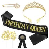 5 Pieces Birthday Accessories, Include Queen Sash, Tiara, Tinplate Badge Pin, Brooch Clip Pin and Happy Birthday Cupcake Topper for Women Party Favors