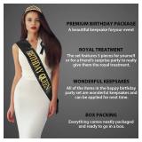 5 Pieces Birthday Accessories, Include Queen Sash, Tiara, Tinplate Badge Pin, Brooch Clip Pin and Happy Birthday Cupcake Topper for Women Party Favors