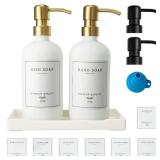 Glass Soap Dispenser for Kitchen, Farmhouse Kitchen Dish Soap Dispenser&Hand Soap Dispenser Set, Rustproof Pump Soap Lotion Dispenser Bathroom with Tray, Waterproof Label for Decor(White