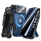 Goton 4in1 for iPhone 17 Pro Max Case with Belt Clip Holster, Privacy Tempered Glass Screen Protector & Camera Lens Protector, Compatible with MagSafe, Heavy Duty, Shockproof Phone Cover