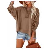 Dokotoo Women V Neck Button Up Hoodies 2024 Winter Long Sleeve Tops Sweatshirts Oversized Sweatshirt for Ladies Brown Large