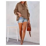 Dokotoo Women V Neck Button Up Hoodies 2024 Winter Long Sleeve Tops Sweatshirts Oversized Sweatshirt for Ladies Brown Large