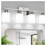 Ascher Bathroom Light Fixtures, 4-Light Vanity Light Over Mirror, Brushed Nickel Wall Sconces with Milky White Frosted Glass Shades, Wall Lamp for Living Room Bedroom, E26 Base(Bulbs Not Included)
