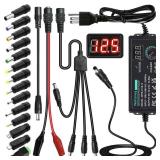 Universal Power Supply 3V~24V 3A 72W Adjustable Variable 3V 5V 9V 12V 18V 20V 24V AC/DC Adapter Charger, 100V-240V AC to DC Converter with 14 Tips, Polarity Converter and 4-Way Power Splitter Cable