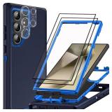 TFDSEUGH for Samsung Galaxy S24 Ultra Case with 2Pcs Tempered Glass Screen Protector and 1Pcs Camera Lens Protector, 3 in 1 Heavy Duty Shockproof/Drop Proof/Dust Proof Case (Navy Blue)