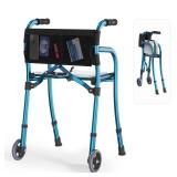 Narrow Walkers for Seniors with Seat, Lightweight Folding Space Saver Mobility Rolling Walker,Height Adjustable Standard Walker with Aluminum Frame, 5-inch Wheels, Compact Travel Walker (Blue), Retail