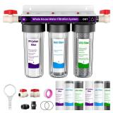 Whole House Water Filter System, 3-Stage Home Water Filtration System Highly Reduces Chlorine Odor,Taste, Delivers Crisp Water for Healthier Skin, 3/4" Ports with 2 Valves, Extra 2 Sets Filter Supply,