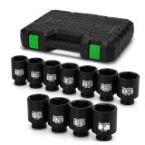 TecoTek 1/2inch Drive Deep 6 Point Impact Socket Set, 11 Piece Standard SAE Spindle Axle Nut Impact Socket Set, Cr-Mo, 1 and 3/8 Inch to 2 Inch Size Retail $99.99