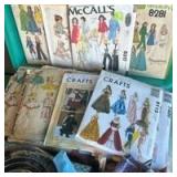 McCalls Sewing Patterns with Scrap Fabric and Misc Sewing Supplies in Storage Container