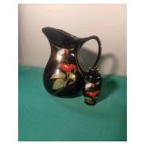 Vintage Otagiri Japan Black Lacquer Hummingbird Pitcher and Vase