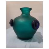 Vintage Emerald Green Glass Bud Vase with Cobalt Blue Accents