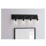 Hampton Bay Regan 29.25 in. 4-Light Matte Black Bathroom Vanity Light with Clear Glass Shades