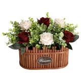 Nagobi Dining Table Centerpiece Decor - Pre-Made Artificial Flower Arrangement Fake Floral with Wooden Vase for Farmhouse Kitchen Bathroom Living Room Decorations (Burgundy Champagne)