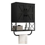 RUSTOWN Farmhouse Rustic Medicine Cabinet with Two Barn Door,Wood Wall Mounted Storage Cabinet with Adjustable Shelf and Towel Bar, 3-Tier Cabinet for Bathroom, Living Room(Black)