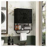 RUSTOWN Farmhouse Rustic Medicine Cabinet with Two Barn Door,Wood Wall Mounted Storage Cabinet with Adjustable Shelf and Towel Bar, 3-Tier Cabinet for Bathroom, Living Room(Black)